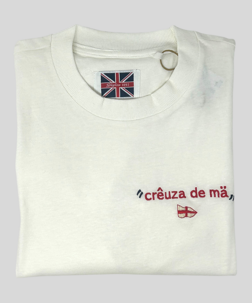 T-SHIRT BIANCA RICAMO "CREUZA DE MA" BANDIERA GENOVA - Ghiglino1893