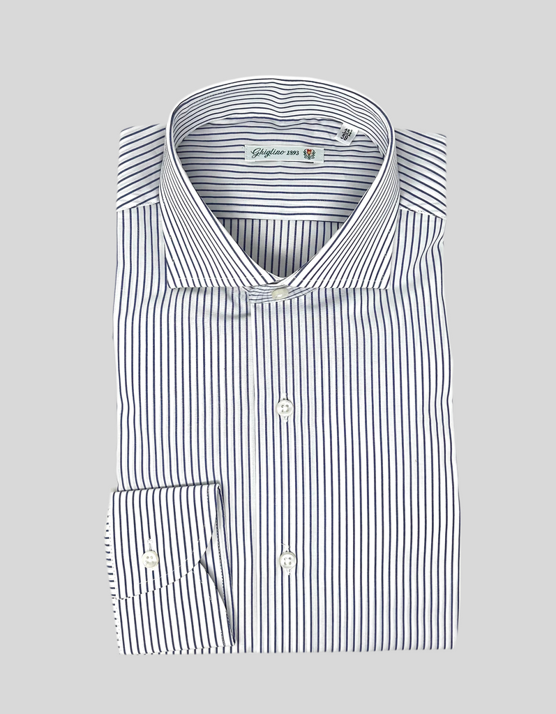 CAMICIA RIGA BIANCA/BLU SCURO - Ghiglino1893
