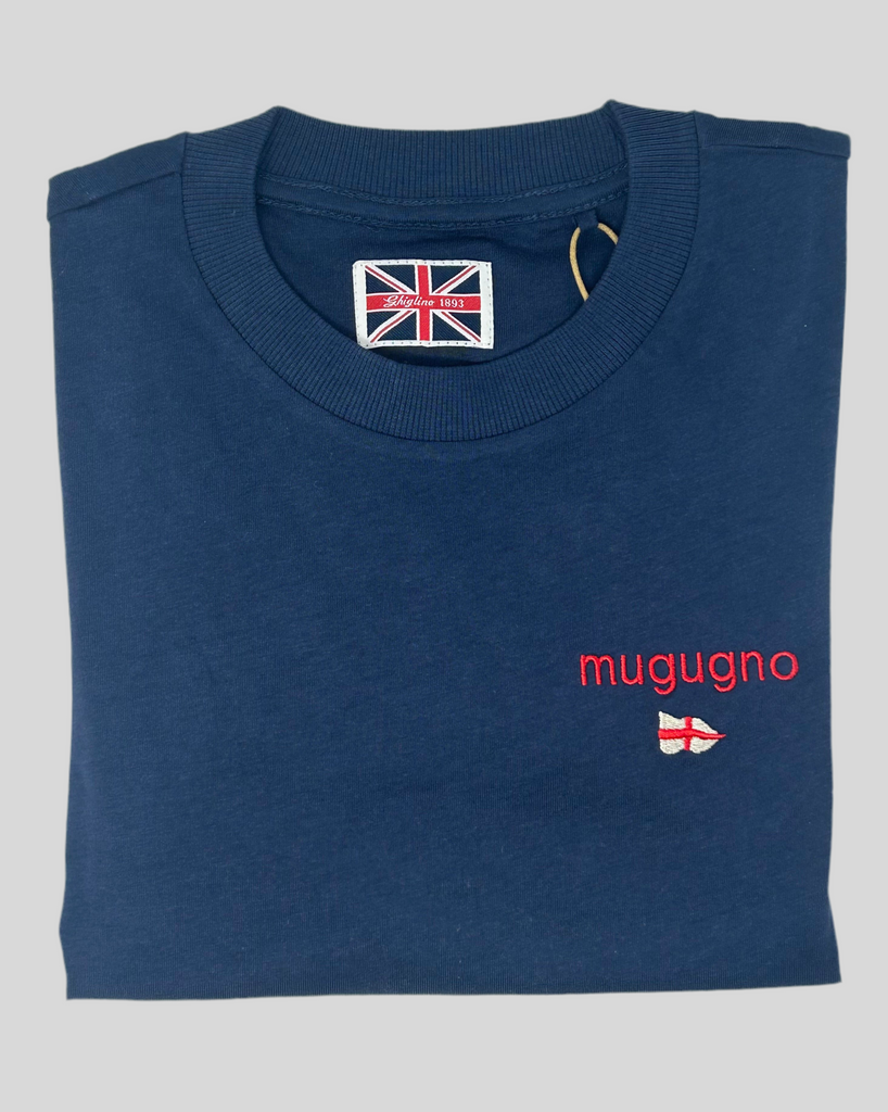 T-SHIRT BLU RICAMO "MUGUGNO" BANDIERA GENOVA - Ghiglino1893