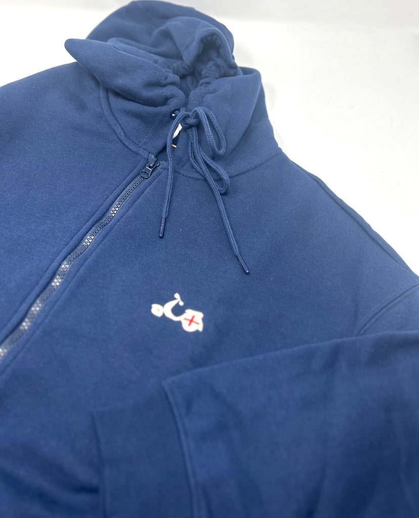 FELPA ZIP INTERA CAPPUCCIO BLU CON RICAMO VESPA GENOVA - Ghiglino1893