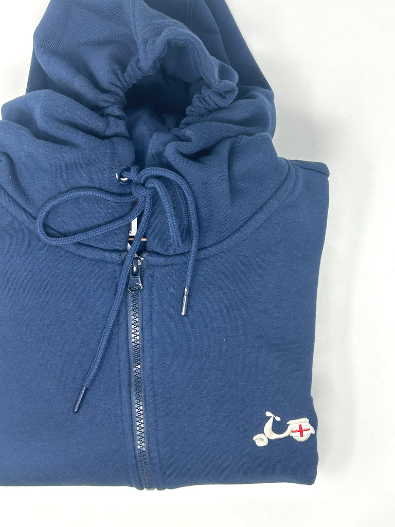 FELPA ZIP INTERA CAPPUCCIO BLU CON RICAMO VESPA GENOVA - Ghiglino1893