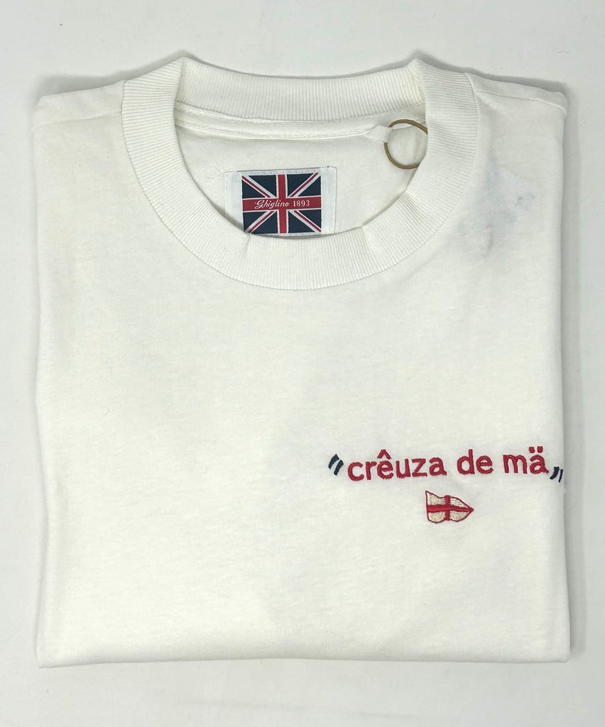 T-SHIRT BIANCA RICAMO "CREUZA DE MA" BANDIERA GENOVA - Ghiglino1893