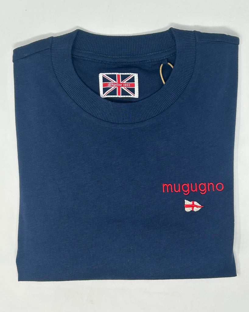 T-SHIRT BLU RICAMO "MUGUGNO" BANDIERA GENOVA - Ghiglino1893